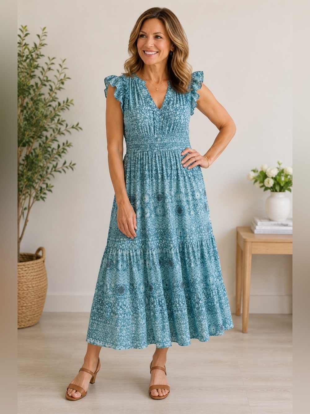Sundance Teal Patterned Maxi Dress Petite Medium